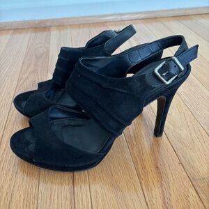 J.Crew black leather two-strap heels